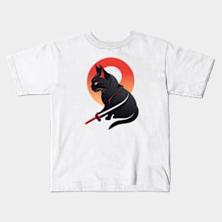 Cute Black Samurai cat japan Kids T-Shirt